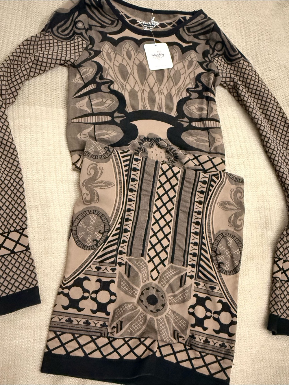 Free People Beige and Black Patterned Long Sleeve Dress